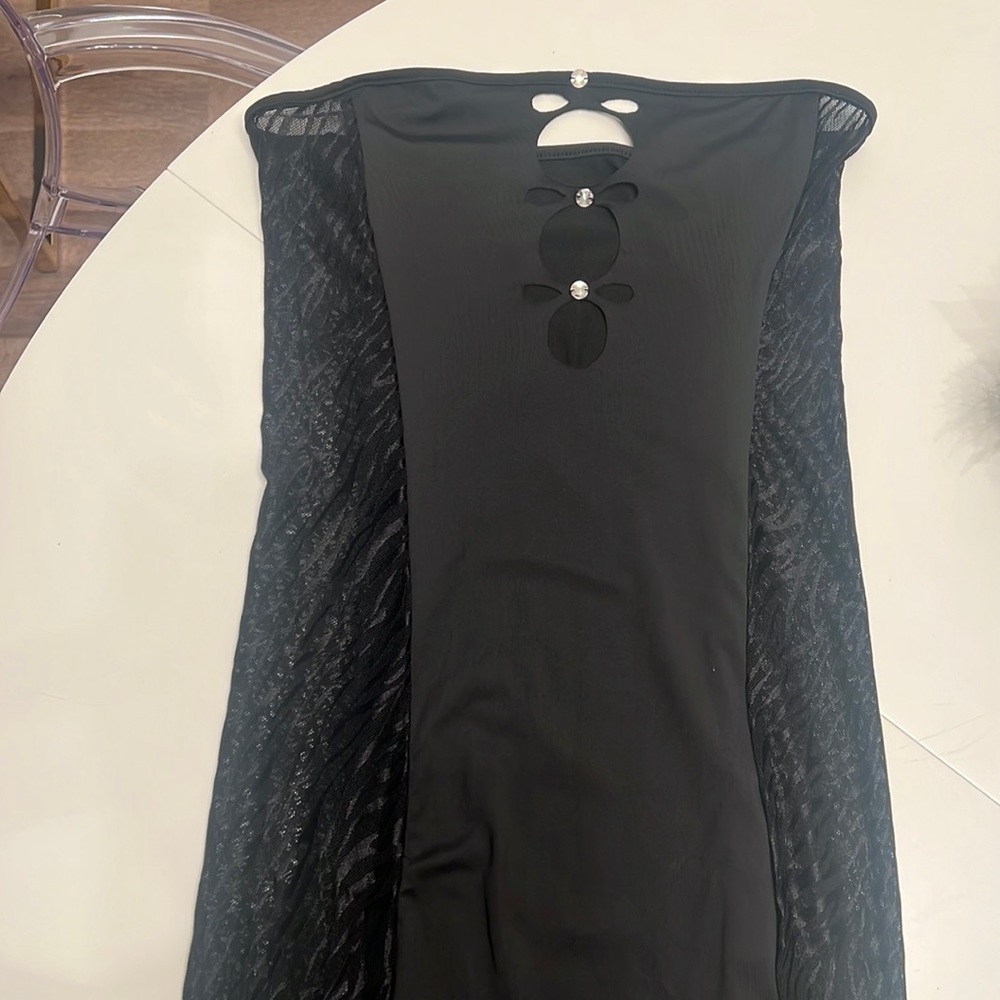 Maxi strapless black dress with diamond button cutouts size S